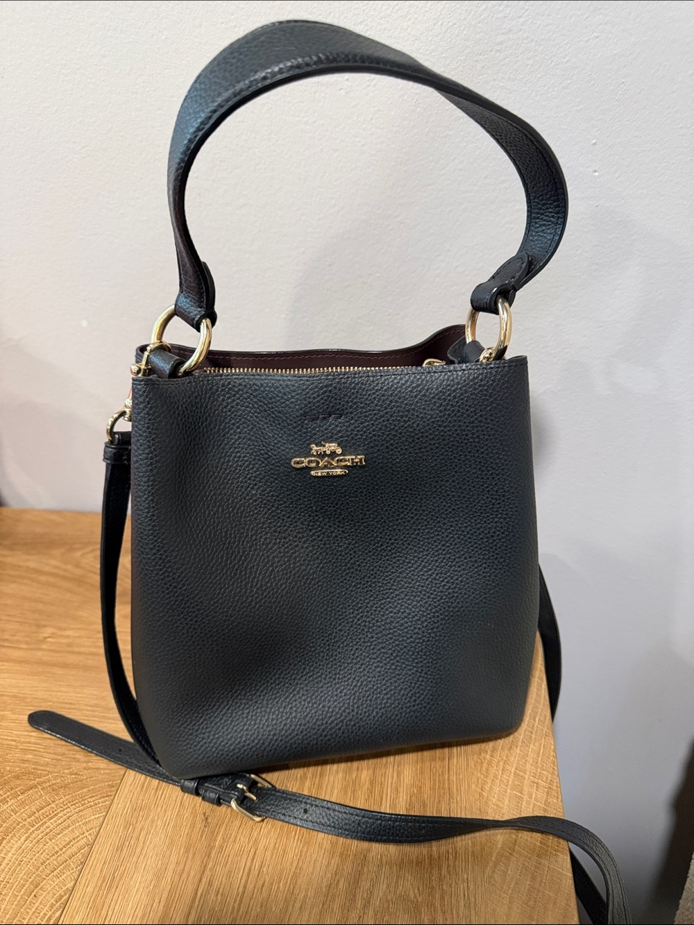 Coach Black Pebbled Leather Bucket Shoulder Bag with Gold Hardware